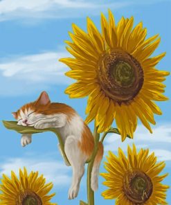 Sleepy Cat And Sunflowers Paint by numbers