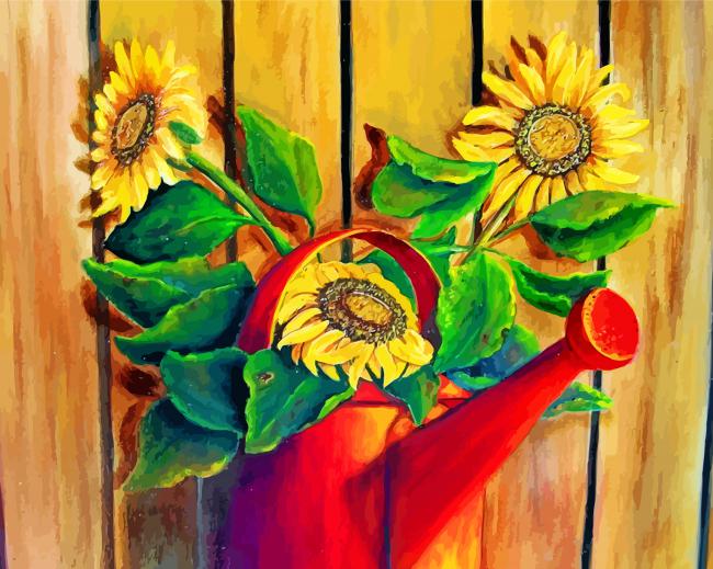 Sunflowers In Watering Pail Paint by numbers