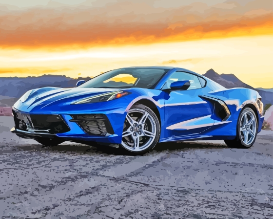 Blue Corvette Luxury Car With Sunset With Painting By Numbers